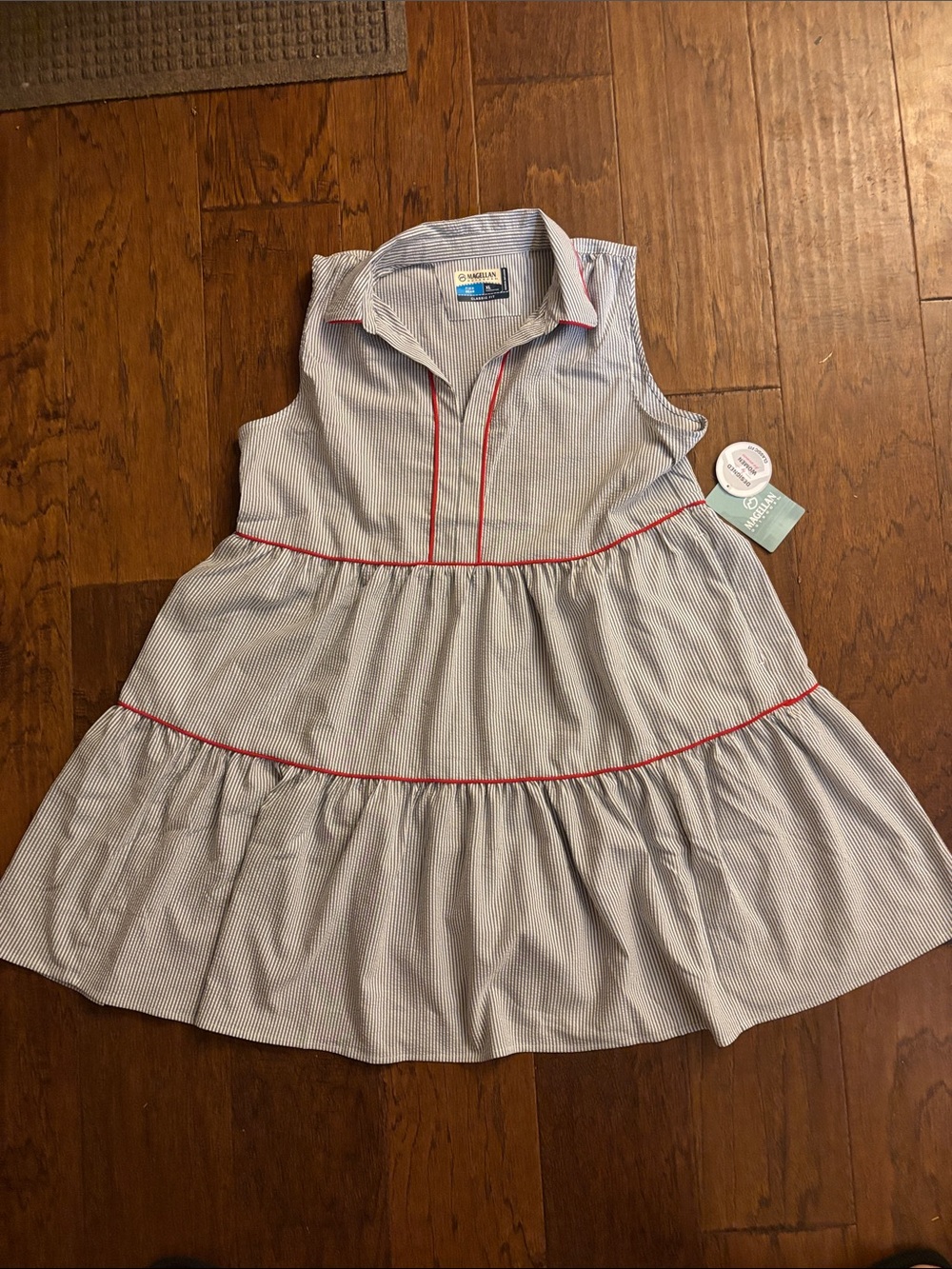 NWT Magellan Striped Sleeveless Tiered Dress with Red Piping